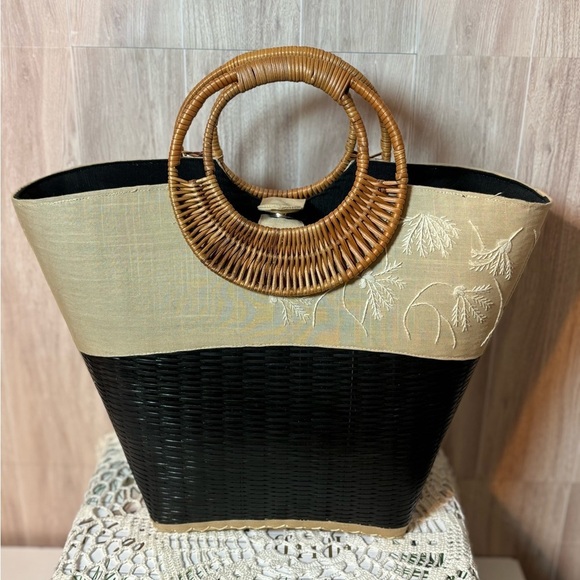 Mad Bags Handbags - Mad Bags Black and Tan Canvas and Woven Tote Bag